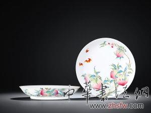 清雍正 御制粉彩过枝福寿双全盘一对